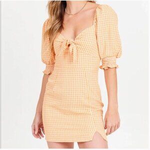 NWT Altar'd State Gingham Puff Sleeve Tie Front Mini Dress Apricot size L